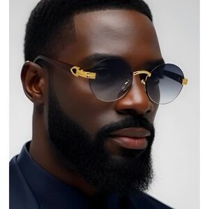 Rimless‎ Sunglasses Oval Lens Wood Grain Arms Gold Accents Fashion Shades Retro